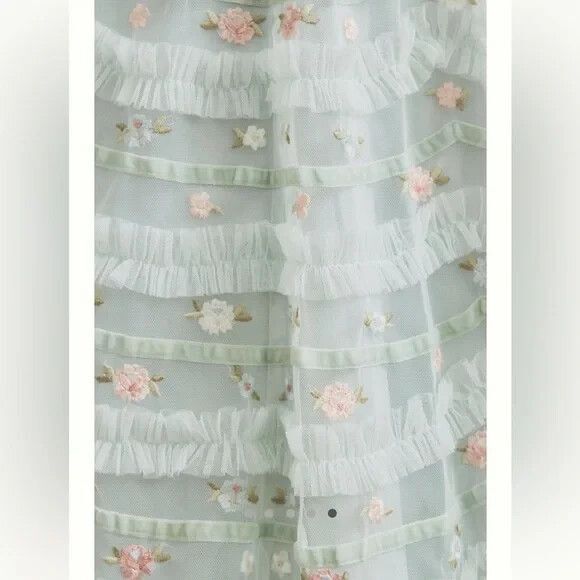 NWT $798 Mac‎ Duggal 8037 Halter Neckline Ruffle Floral Gown Blue NWT - Picture 7 of 10